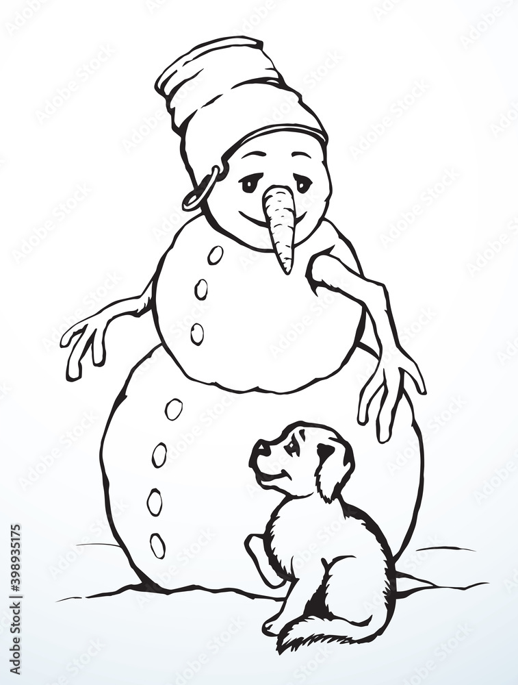 Snowman and dog. Vector drawing. Snowman and dog. Vector drawing.
