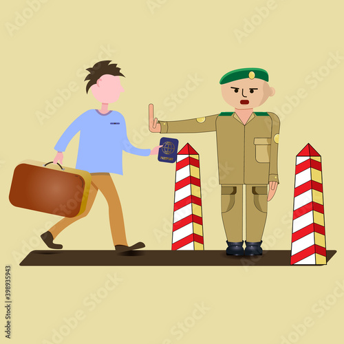 A man at the border and a border guard. Vector drawing. Lockdown. Closed borders