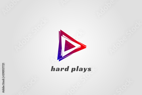 messed up play button with trendy color awesome music and film logo for publisher, producer, director, musician, influencer