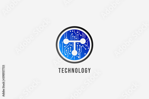circle circuit board letter T technology logo