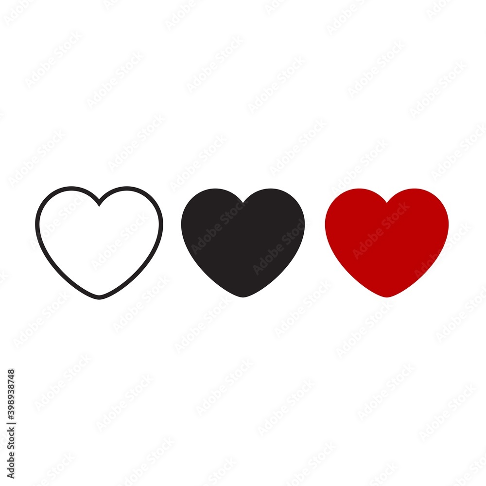 Collection of heart icon, symbol of love, flat modern design. Vector illustration isolated.
