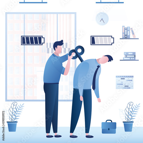 Male office worker with full battery turns winding mechanism of tired employee. Burnout, emotional stress. Colleague helps friend.