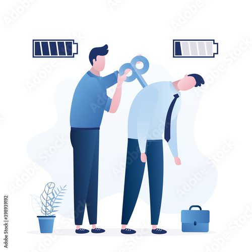 Male office worker with full battery turns winding mechanism of tired employee. Burn-out, emotional stress. Colleague helps friend.