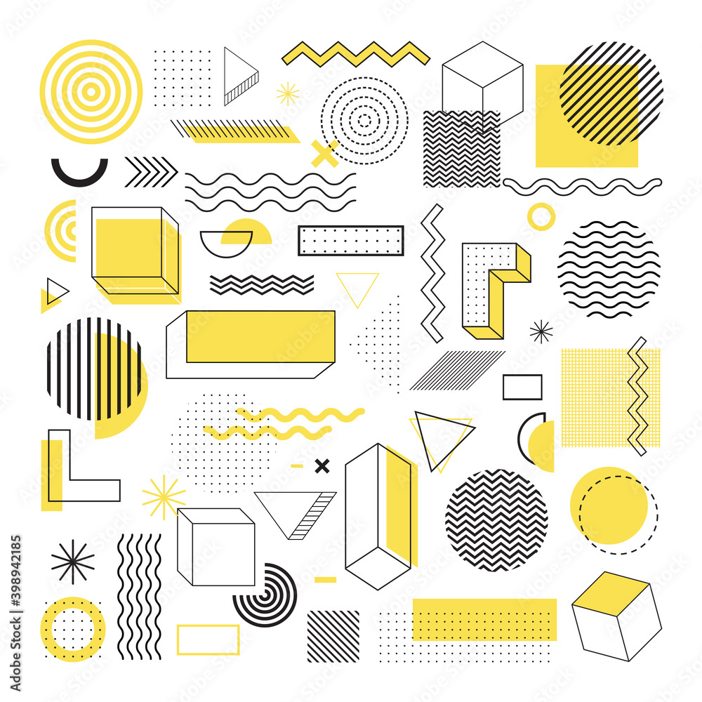 Plakat Halftone geometric shapes set juxtaposed with yellow and black elements composition. Modern vector illustration stock vector illustration. Universal trend