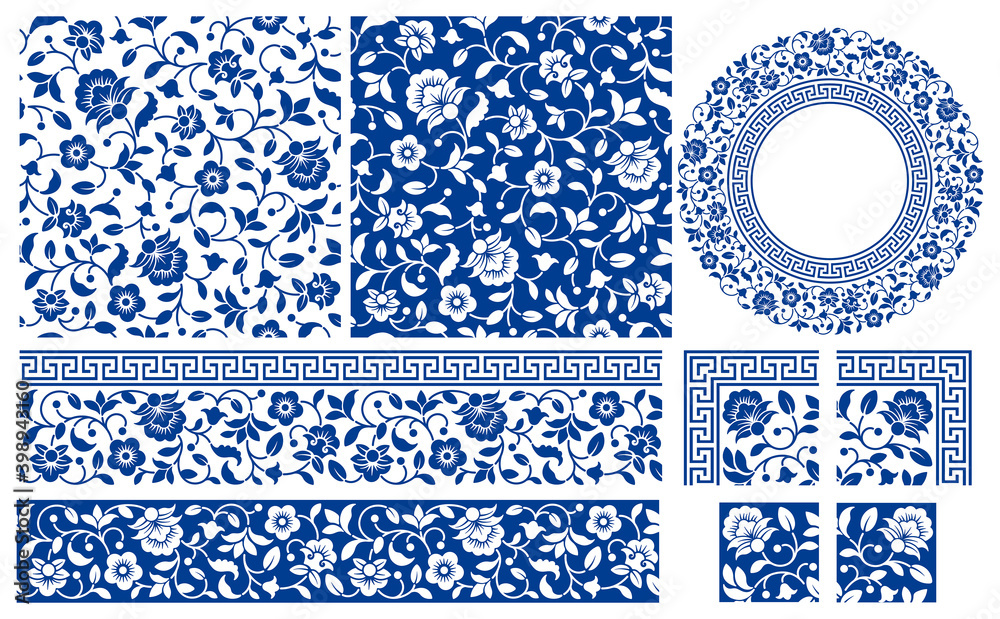 Set of floral design elements. Seamless patterns, seamless borders, circle frame. Beautiful for any plain and chic elegance designs. Vector illustration.