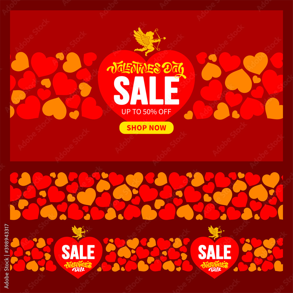 Vector design elements set for Valentines Day sale. Bright advertising for store promotion. Banner template, seamless patterns. Cupid silhouette, hearts, text and calligraphy on red background.