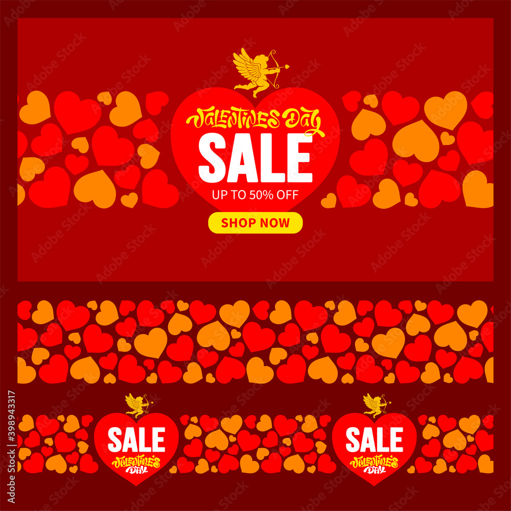 Vector design elements set for Valentines Day sale. Bright advertising for store promotion. Banner template, seamless patterns. Cupid silhouette, hearts, text and calligraphy on red background. Vector design elements set for Valentines Day sale. Bright advertising for store promotion. Banner template, seamless patterns. Cupid silhouette, hearts, text and calligraphy on red background.