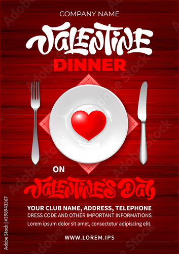 Valentine's day dinner poster or flyer template. Invitation for romantic dating or party for couples in love for having dinner in romance atmosphere. Conceptual Vector illustration.
