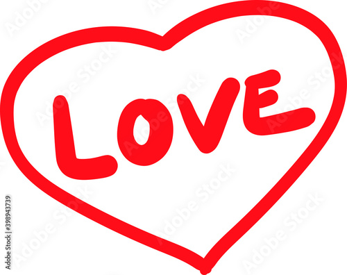 love sign with heart. A hand-drawn heart and the word "love" in red. The inscription "love" in a frame in the form of a heart. Lettering "love". Simple postcard for Valentine's Day.