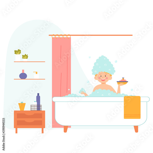 Baby bathes in a bathtub with foam. Hygiene. Vector illustration. Cartoon style character