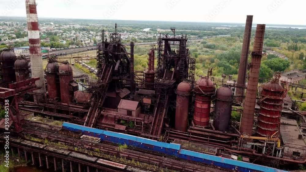 Metallurgical plant with blast furnace, drone aerial view Metallurgical plant with blast furnace, drone aerial view