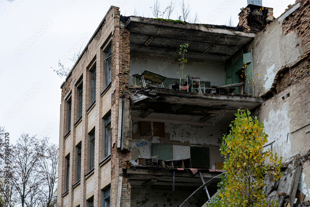 Abandoned decaying buildings of the Soviet era in the Chernobyl exclusion zone Abandoned decaying buildings of the Soviet era in the Chernobyl exclusion zone