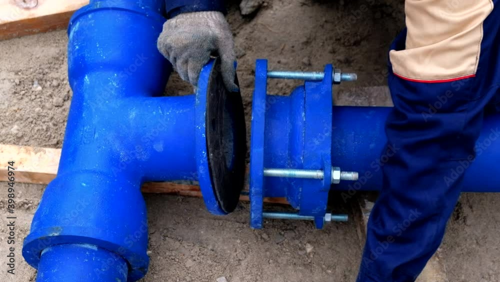 Workers installing water supply pipeline system, close up Workers installing water supply pipeline system, close up