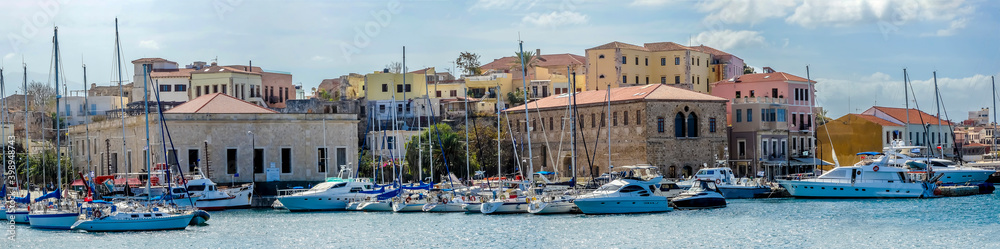 A view of the marina in the harbour of Chania, Crete on a bright sunny day