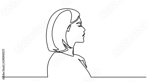 One line girl or woman portrait design. Hand drawn minimalism style vector illustration. Side view of a young nude woman one line drawing on white isolated background. Vector illustration
