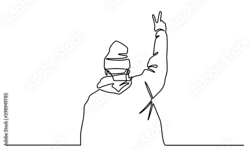 Continuous single drawn one line young man shows gesture peace drawn by hand picture silhouette. Line art