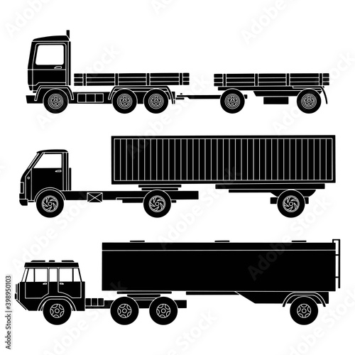 Trucks with trailers, black detailed silhouettes on a white background.