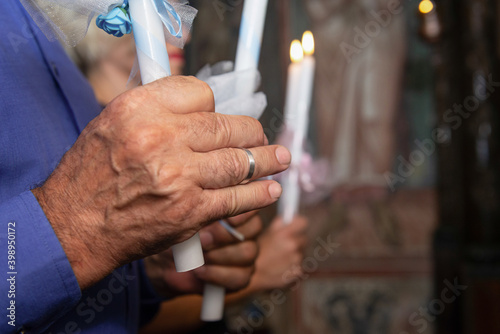 Wedding ceremony in Orthodox church, wedding rings exchange. Religion.