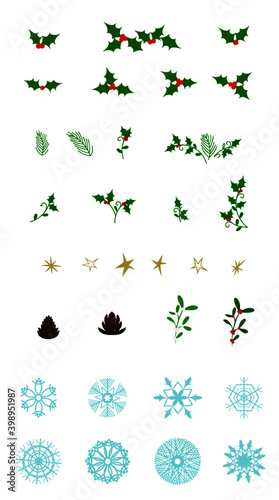 Winter set. Christmas elements and snowflakes in vector