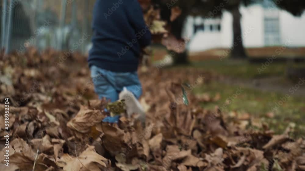 Cheerful little boy running on dry autumn leaves slow motion Cheerful little boy running on dry autumn leaves slow motion