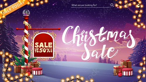 Christmas sale, up to 50 off, discount banner with North Pole sign with offer decorated with presents and garland, large lattering, garland frame and winter landscape on background