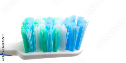 Toothbrush head close-up view  isolated on white background  macro