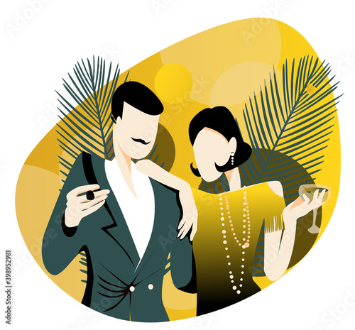 Couple at a party in the style of the early 20th century. Handmade drawing vector illustration. The Great Gatsby.