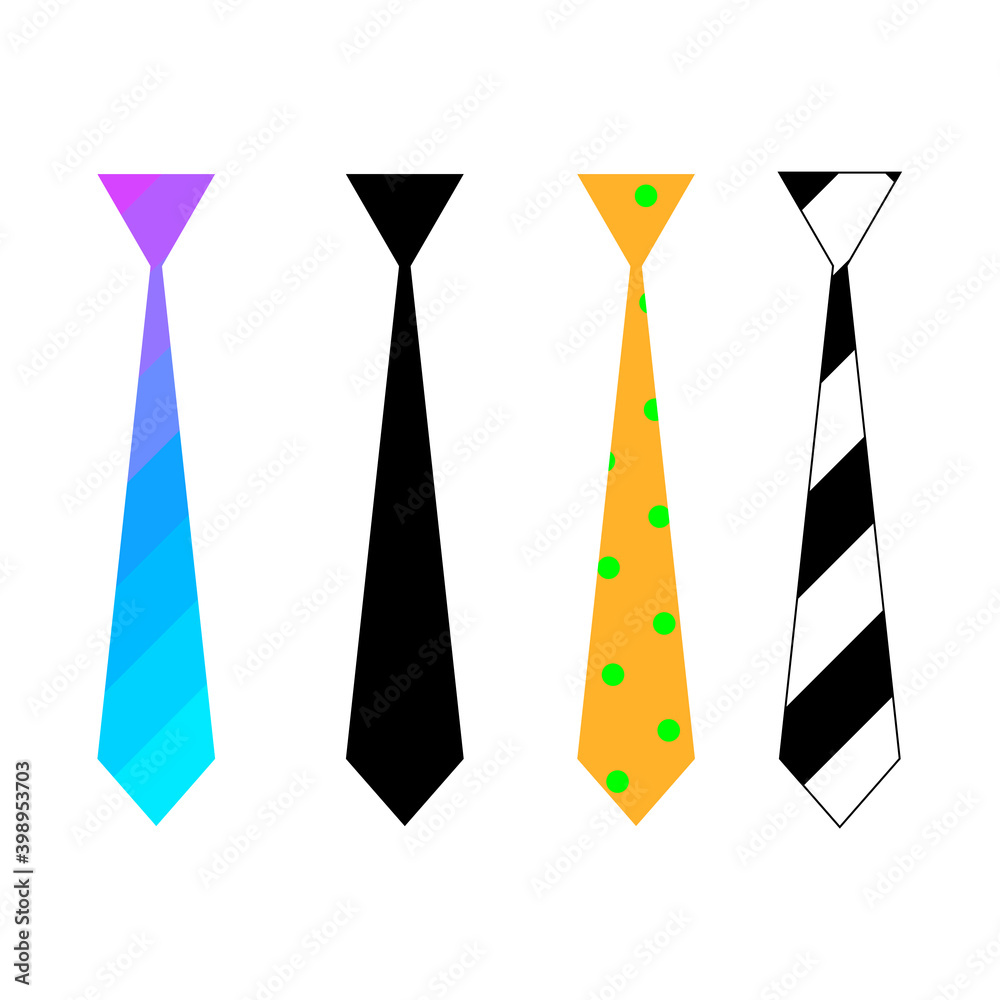 Set of tie icons on white background. Vector illustration. Colored neckties. Set of tie icons on white background. Vector illustration. Colored neckties.