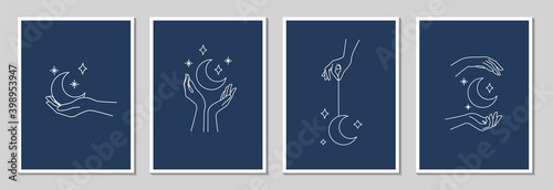 Poster template set. Woman's hand holding moon and stars, magic mystical symbol. Abstract logo template set for your design, line art style. Vector illustration