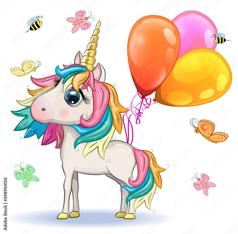 Naklejka premium Cute magical unicorn. Print for t-shirt. Romantic hand drawing illustration for children.