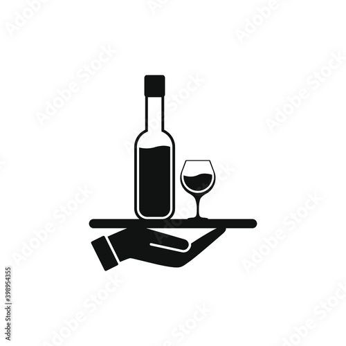 Hand carrying a tray with wine and wineglass. Serving drink icon design isolated on white background. Vector illustration