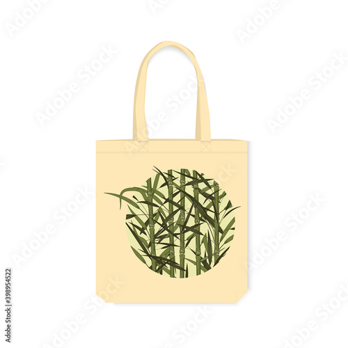 Reusable eco-friendly bag with printed design. Round decorative element with bamboo forest on canvas bag. Vector illustration isolated on a white background.