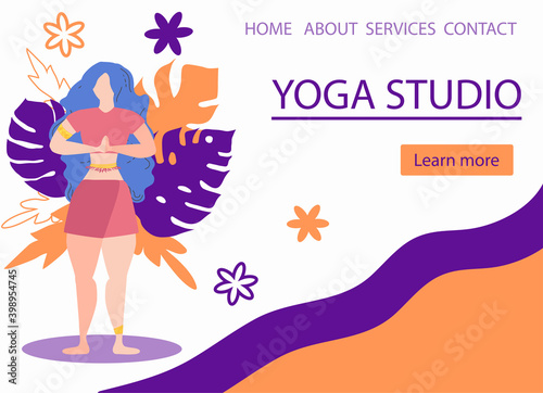 Website banner design for Yoga studio promotion with Learn more button. Yogi woman meditating