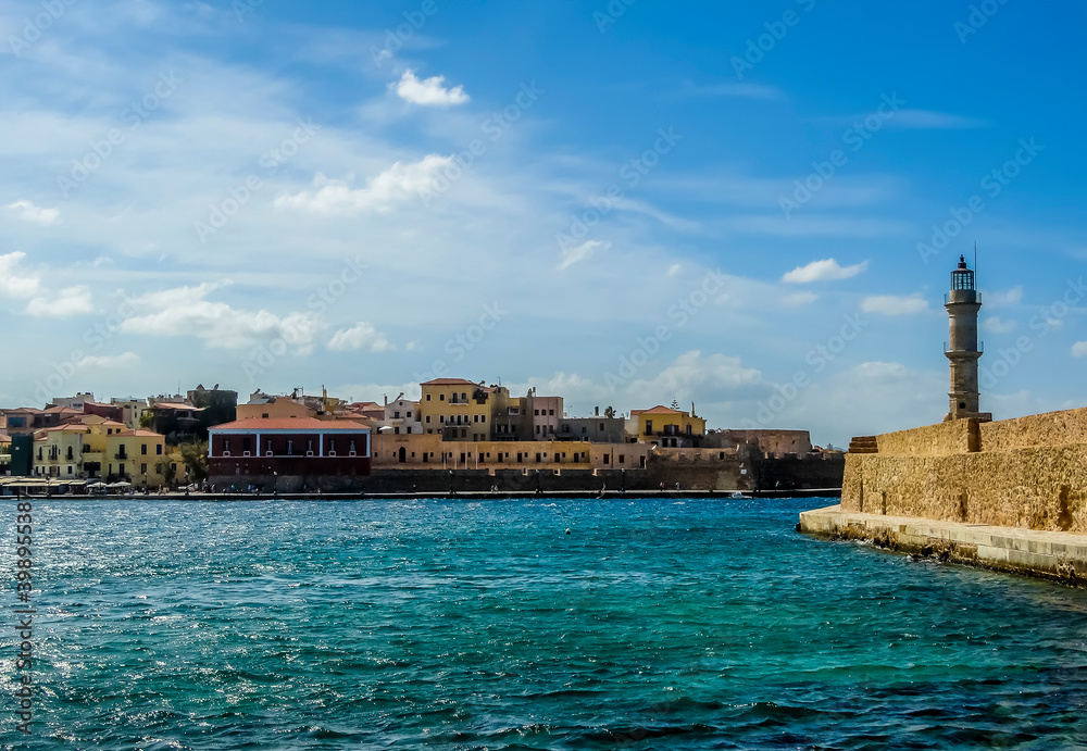 The entrance to Chania harbour, Crete on a bright sunny day