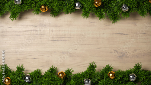 Green spruce pine branches on wood background frame 3D illustration