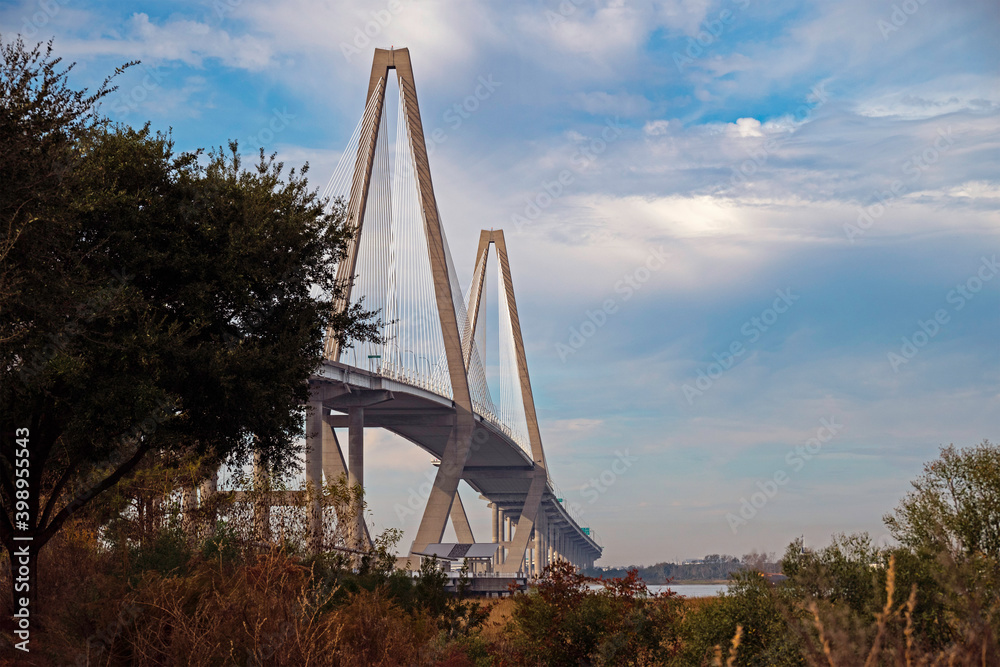 Fototapeta premium Ravenel Bridge, from the Mount Pleasant side of the Cooper River, looking toward Charleston, SC.