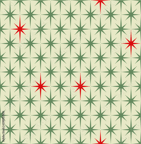 Mid-century modern wrapping paper with starburst pattern in red, olive green, and cream.Inspired by Atomic era. Repeatable and seamless