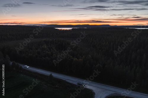 Sunset in Lapland Finland on an autumn evening seen from the air in the wilderness