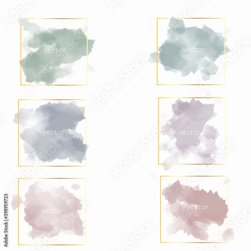 Vector watercolour  backgrounds set on white background. Watercolor  paint and gold square frame.	