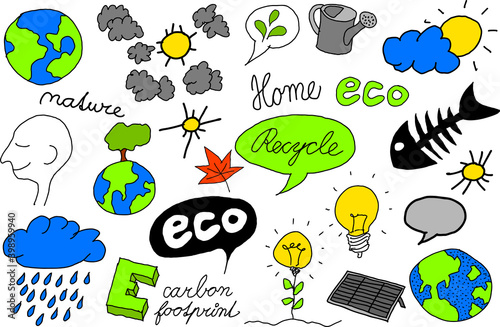 many hand drawn colorful sketches of topics regarding nature and environment and ecology and planet earth and weather and pollution 