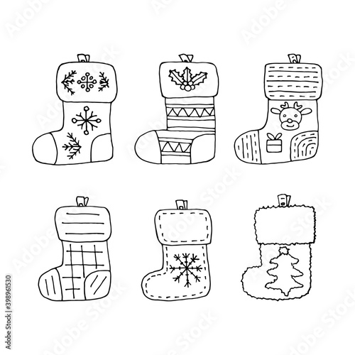 Hanging Christmas socks for gifts. Doodle hand drawing elements. New Year celebration symbols for clipart and decoration. 