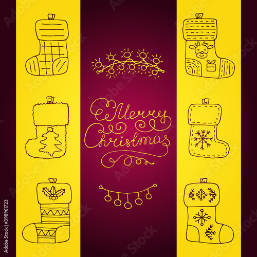 Hanging Christmas socks for gifts. Doodle hand drawing elements. New Year celebration symbols for clipart and decoration. Merry Christmas congratulation.