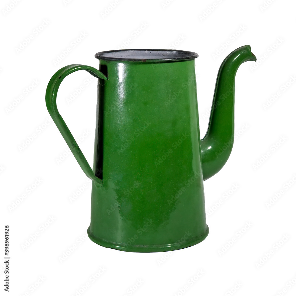 Old metal enameled tea coffee pot of green color isolate on a white background. Old metal enameled tea coffee pot of green color isolate on a white background.