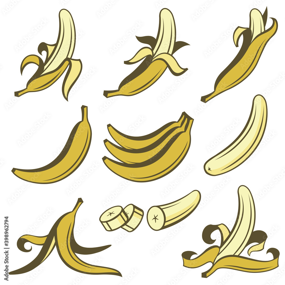 collection of banana tropical fruit isolated on white background