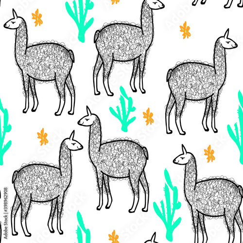 Cute lama and cactus seamless pattern in handdrawn style kids illustration with traditional animal alpaca design for fabric wallpaper decor scrapbooking simple flat vector background