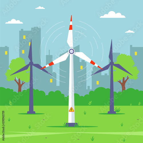 a windmill in the background of the city extracts electricity from the wind. flat vector illustration.