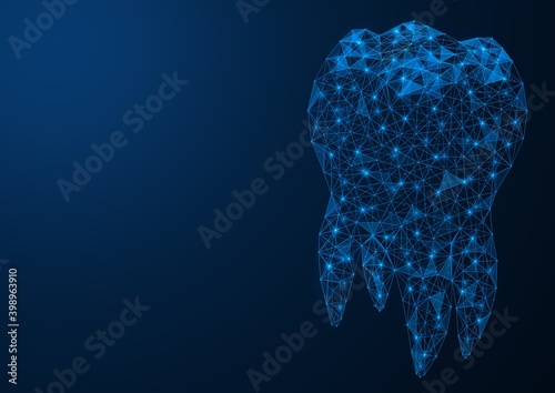 A tooth with roots. Low-poly construction of intertwined lines and dots. Blue background.