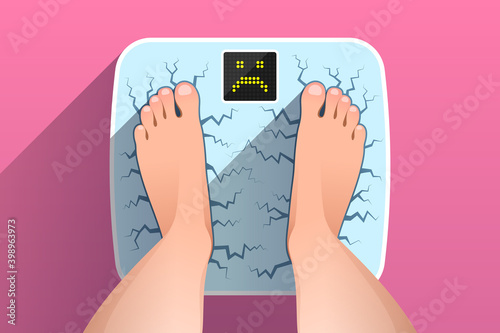 Feet are on broken cracked weight scales with unhappy face on display