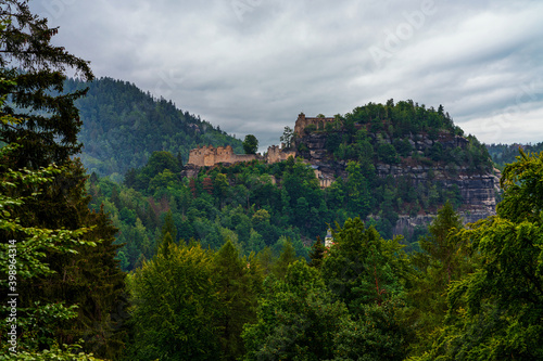 panoramic view of the ruined monastery in Oybin, Germany.