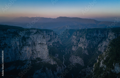 Aerial view of Vikos Gorge, a gorge in the Pindus Mountains of northern Greece. Zagori region, Greece.